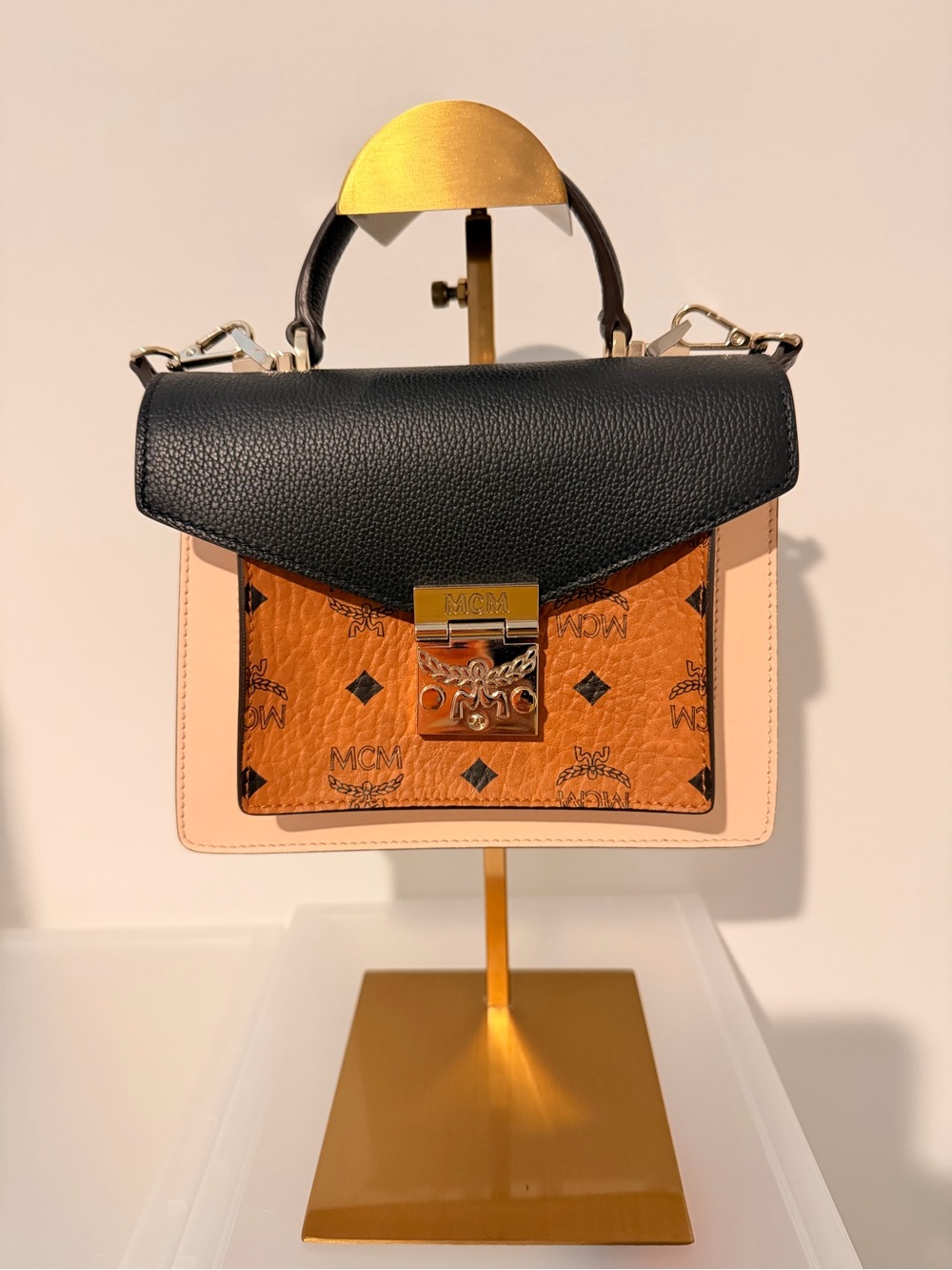 MCM Tri-Panel Leather Satchel in Black, Cognac & Blush